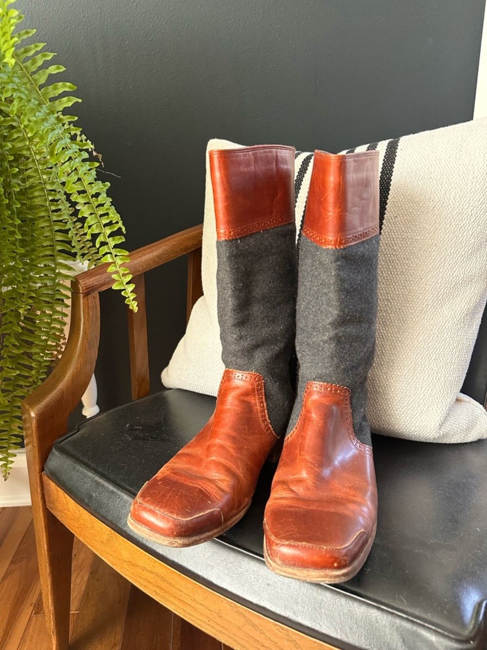 Wolverine Tall, Two-Tone, Brown Leather, and Grey Wool Riding Boots, Women’s 9 - Picture 3 of 14